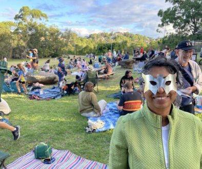 woman in mask at picnic